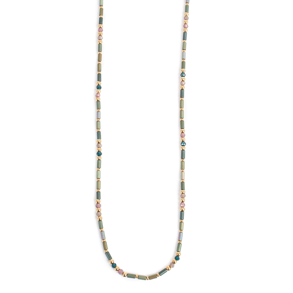 A long necklace featuring green glass tubular beads, colorful multicolored accents, and sophisticated 14K steel details.