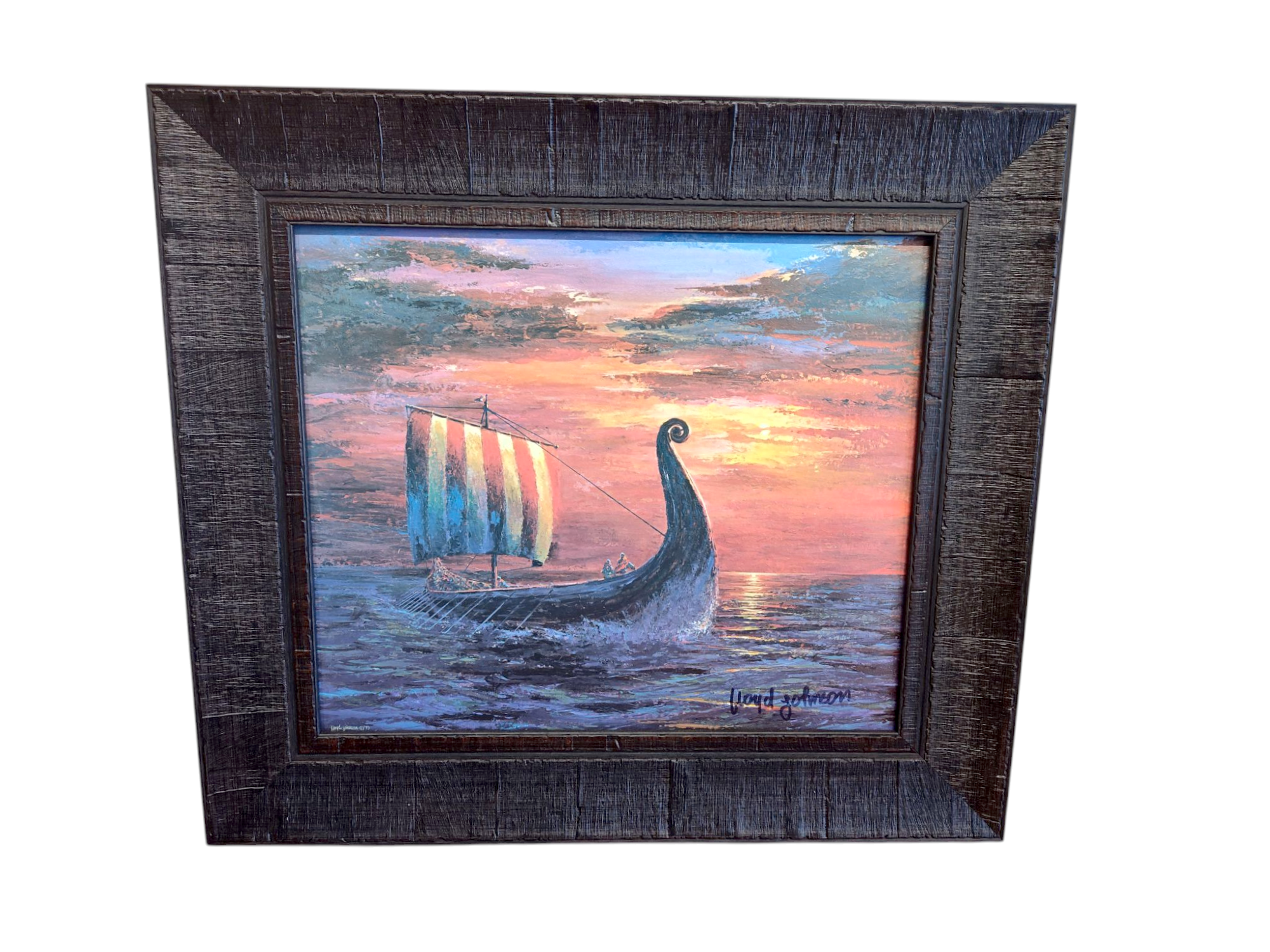 Acrylic framed painting titled Final Light at Sea by Floyd Johnson, depicting a Viking ship sailing across the water at sunset against pink and orange clouds.