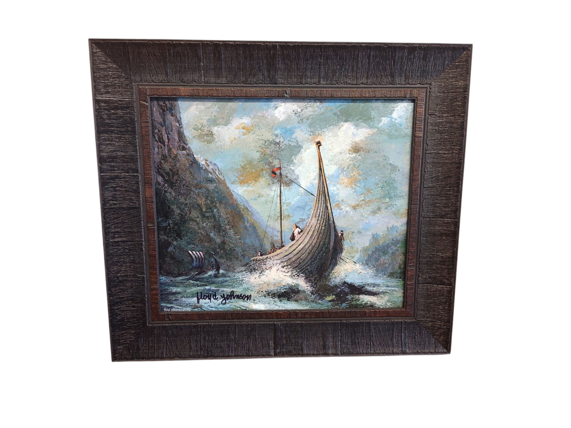 The artwork titled Scandinavian Heritage by Floyd Johnson features an acrylic painting of a Viking ship navigating rough seas with rocky cliffs, capturing Scandinavian heritage. It is framed and signed by the artist at the bottom left.