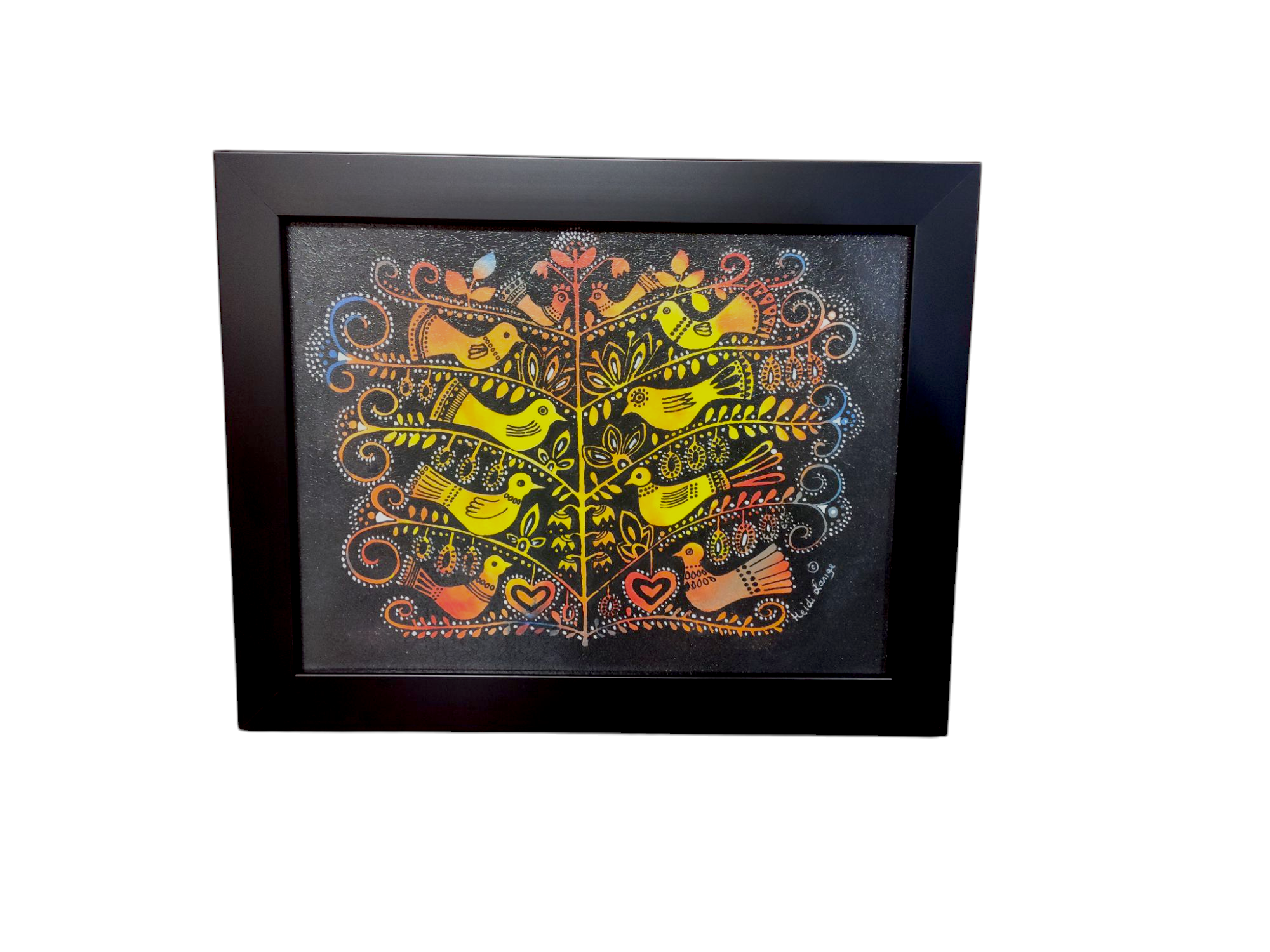 Acrylic framed art named Artwork: Tree of Birds (Yellow) features Scandinavian-style birds and heart shapes in yellow and orange on a black background.