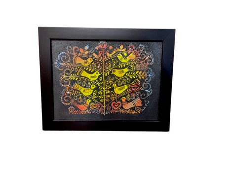 The Artwork: Tree of Birds (Yellow) is an 11x14 framed acrylic art featuring a symmetrical tree with colorful birds and intricate patterns on a black background.