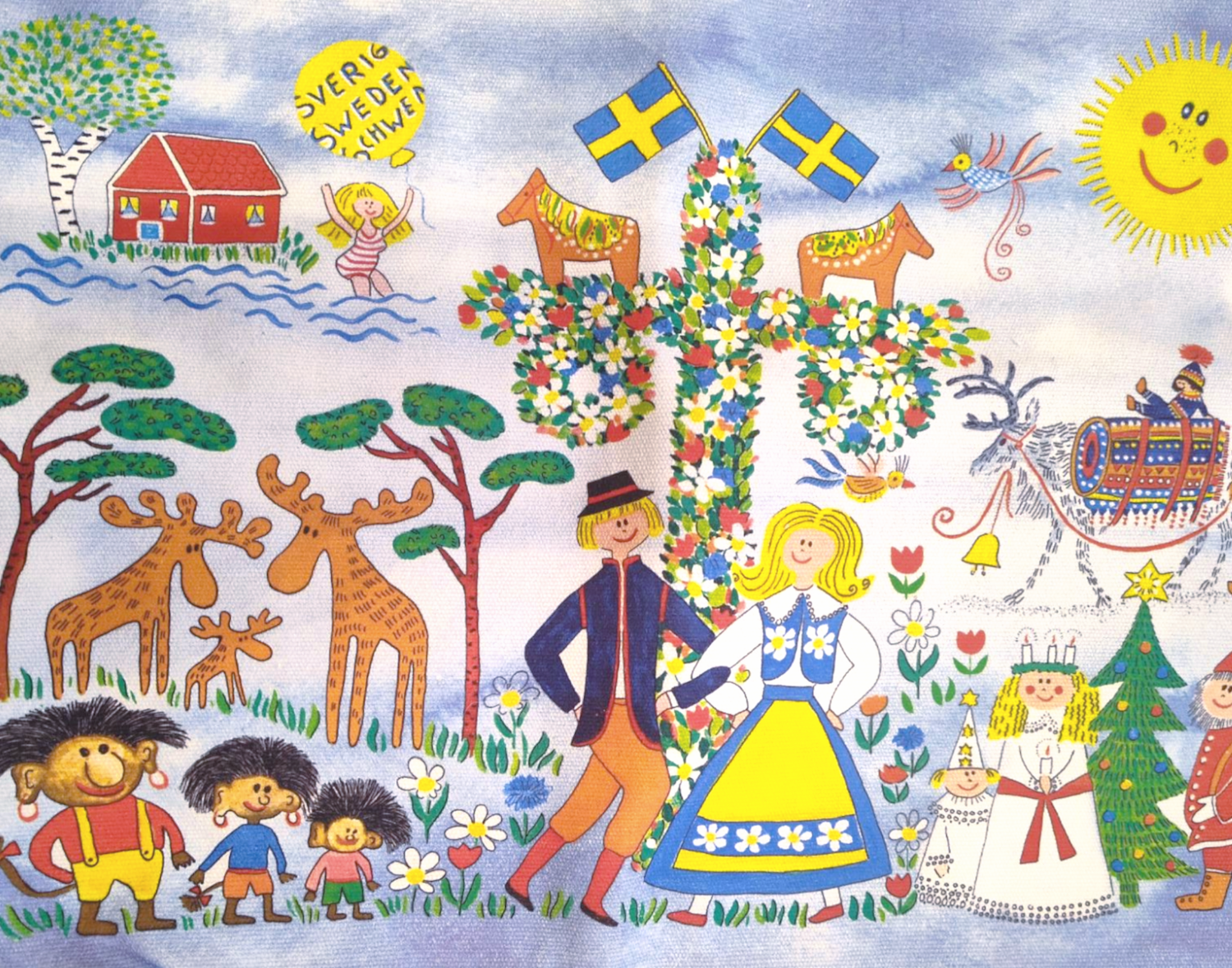 A vibrant design featuring a Swedish midsummer celebration with motifs like a maypole, traditional costumes, moose, and lively characters on a cheerful background—ideal for the Heidi Lange Swedish Motifs Tote Bag with Zipper.