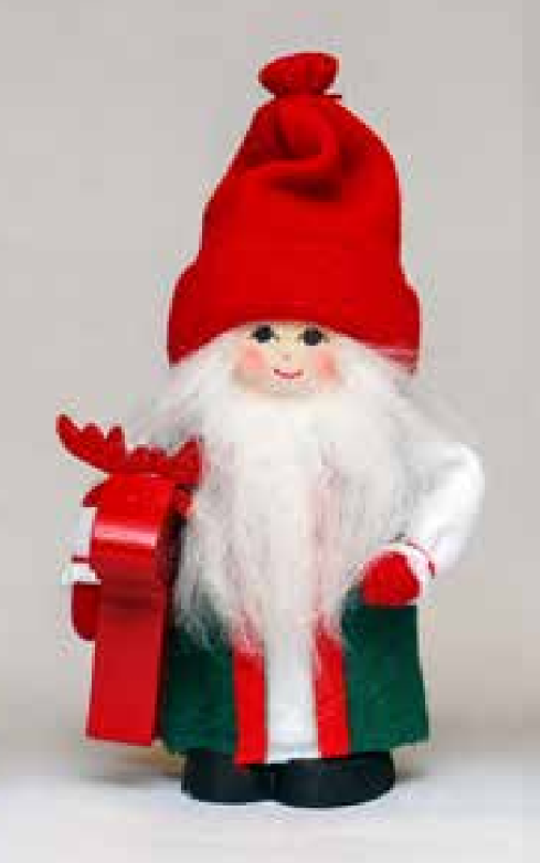 The Figurine: Handcrafted Santa with Red Moose features a Santa with a white beard, red hat, and a charming red moose against a plain background.