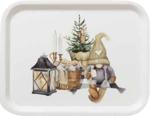 The Cozy Christmas Tray 27x20cm highlights Scandinavian design with a lantern, candles, a small Christmas tree, and a plush figure in a hat against a plain background.