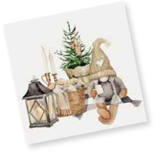 Next to a basket with a small Christmas tree, lantern, and candle, a gnome figurine with a hat is displayed against charming Swedish Cozy Christmas Napkins.