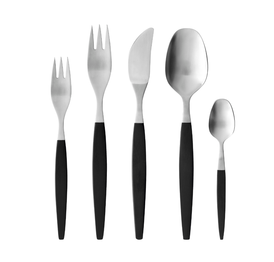 Five-piece Focus De Luxe stainless steel cutlery set (small fork, large fork, knife, spoon, teaspoon) with black handles arranged on a white background adds retro classic style to any dining experience. Product: Gense: Focus De Luxe Cutlery - Black/Matte Steel.