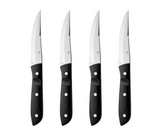 The Gense: Old Farmer Micarta Steak Knife set features four sleek knives with black handles and serrated edges, crafted from durable stainless steel and conveniently dishwasher safe.
