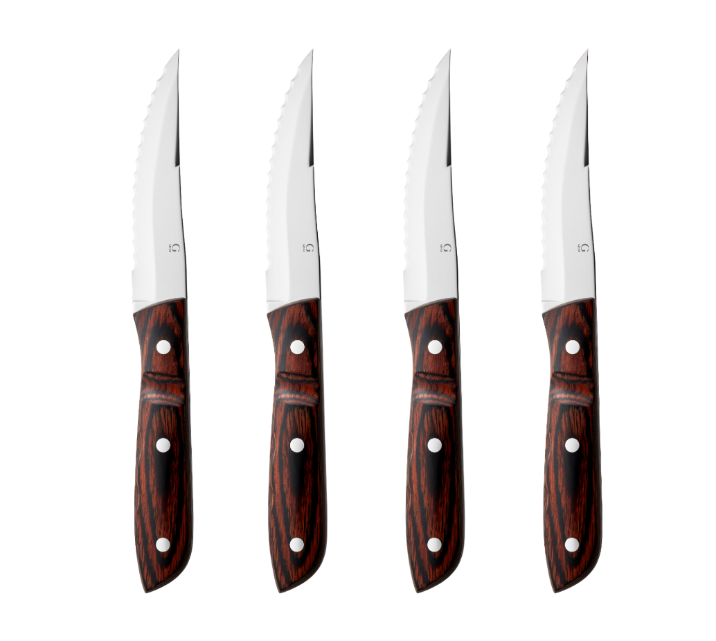 The Gense Old Farmer Micarta Steak Knife set includes four steak knives featuring Bent Severins design, with wooden handles and stainless steel serrated blades arranged in a row.