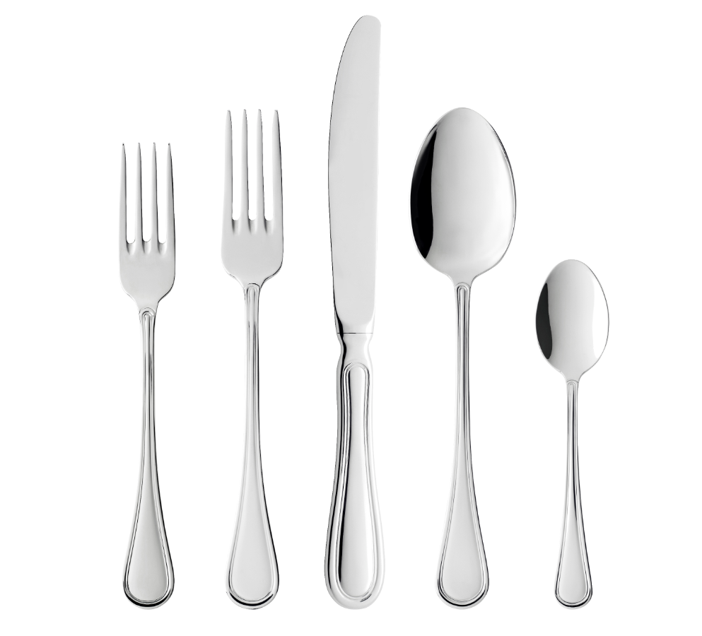 The Gense: Oxford Cutlery Set in polished steel features five utensils: two forks, one knife, one tablespoon, and one teaspoon. Each piece is dishwasher safe for convenience.