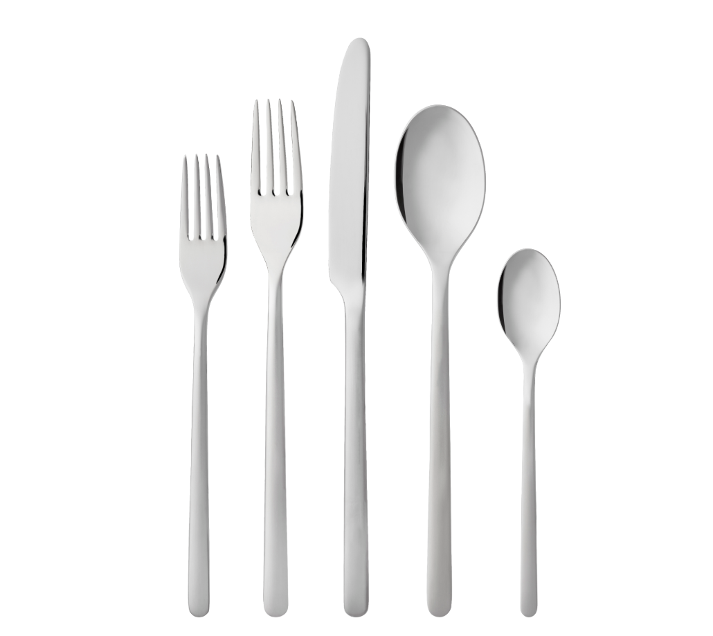 The Gense: Still Cutlery Set in matte/polished steel features five vertically arranged stainless steel utensils: two forks, a knife, a tablespoon, and a teaspoon.