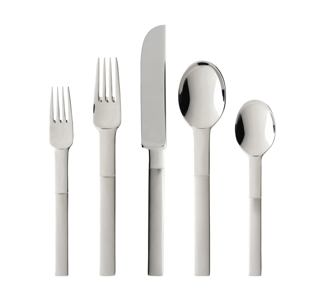 The Gense: Nobel Cutlery Set - Matte/Polished Steel is a five-piece stainless steel set, inspired by Swedish design, featuring two forks, a knife, and two spoons elegantly aligned on a plain white background.