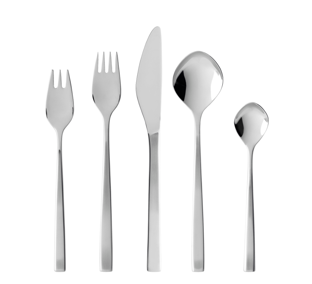 A Gense: Fuga Cutlery Set - Matte/Polished Steel, includes five pieces: salad fork, dinner fork, knife, soup spoon, and teaspoon arranged in a row.