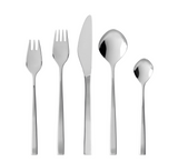 A Gense: Fuga Cutlery Set - Matte/Polished Steel, includes five pieces: salad fork, dinner fork, knife, soup spoon, and teaspoon arranged in a row.