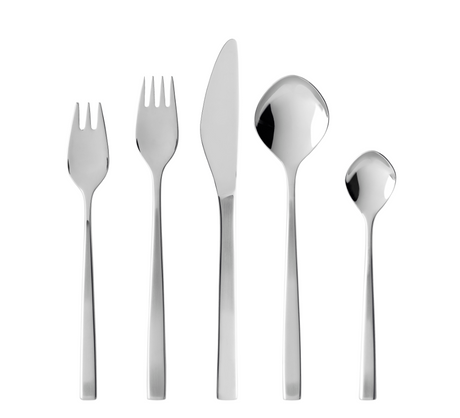 A Gense: Fuga Cutlery Set - Matte/Polished Steel, includes five pieces: salad fork, dinner fork, knife, soup spoon, and teaspoon arranged in a row.