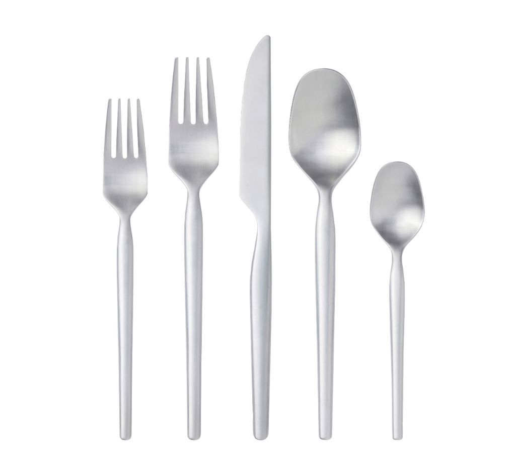 Introducing the Gense Dorotea Cutlery Set in matte steel: a modern classic featuring two forks, a knife, a tablespoon, and a teaspoon elegantly arranged vertically on a plain white background.