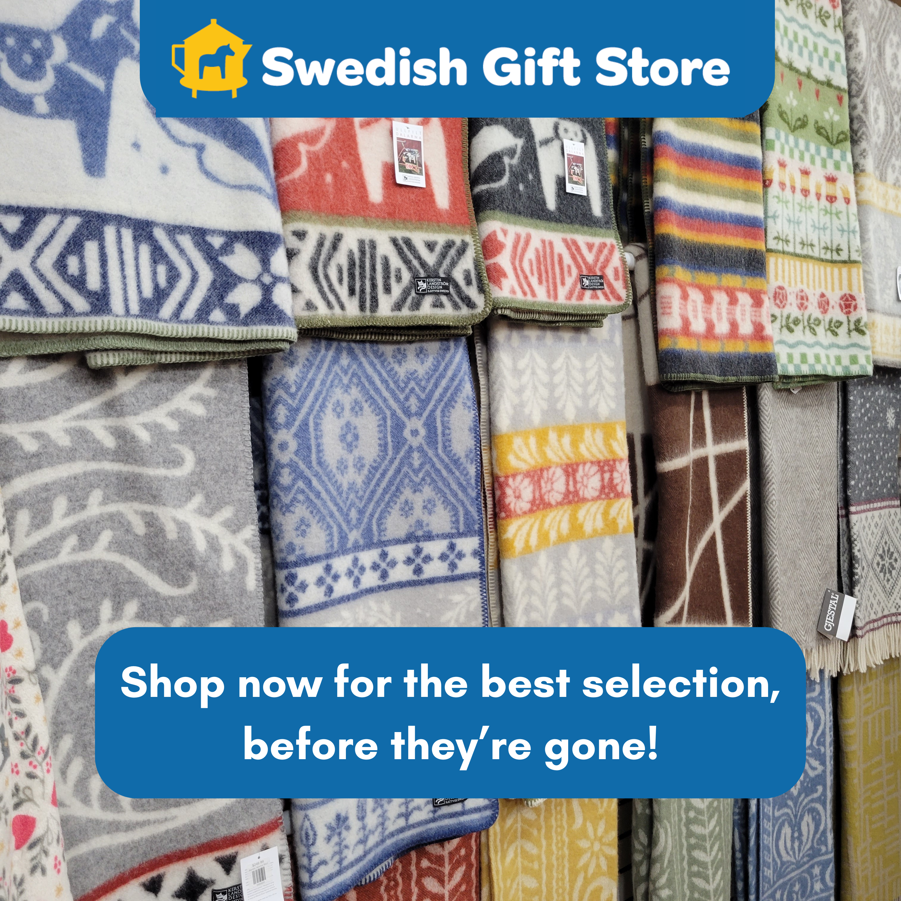 A display of patterned Scandinavian blankets at the Swedish Gift Store, including the Ullfilt Dalarna Wool Blanket in black with Dala Horse pattern (130×180 cm, 100% Norwegian lambswool). Shop soon for authentic Swedish textile design.