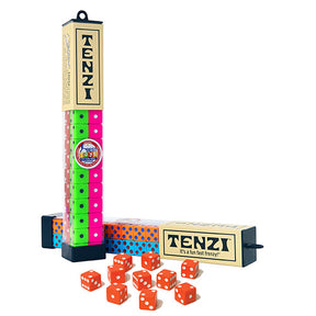 Game: Tenzi 4 Sets of 10 Dice in 4 Colors for 2 to 4 Players, The Worlds Fastest Game, includes multiple colorful dice sets in containers plus extra orange dice with white dots displayed in the foreground.