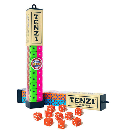 Game: Tenzi 4 Sets of 10 Dice in 4 Colors for 2 to 4 Players, The Worlds Fastest Game, includes multiple colorful dice sets in containers plus extra orange dice with white dots displayed in the foreground.