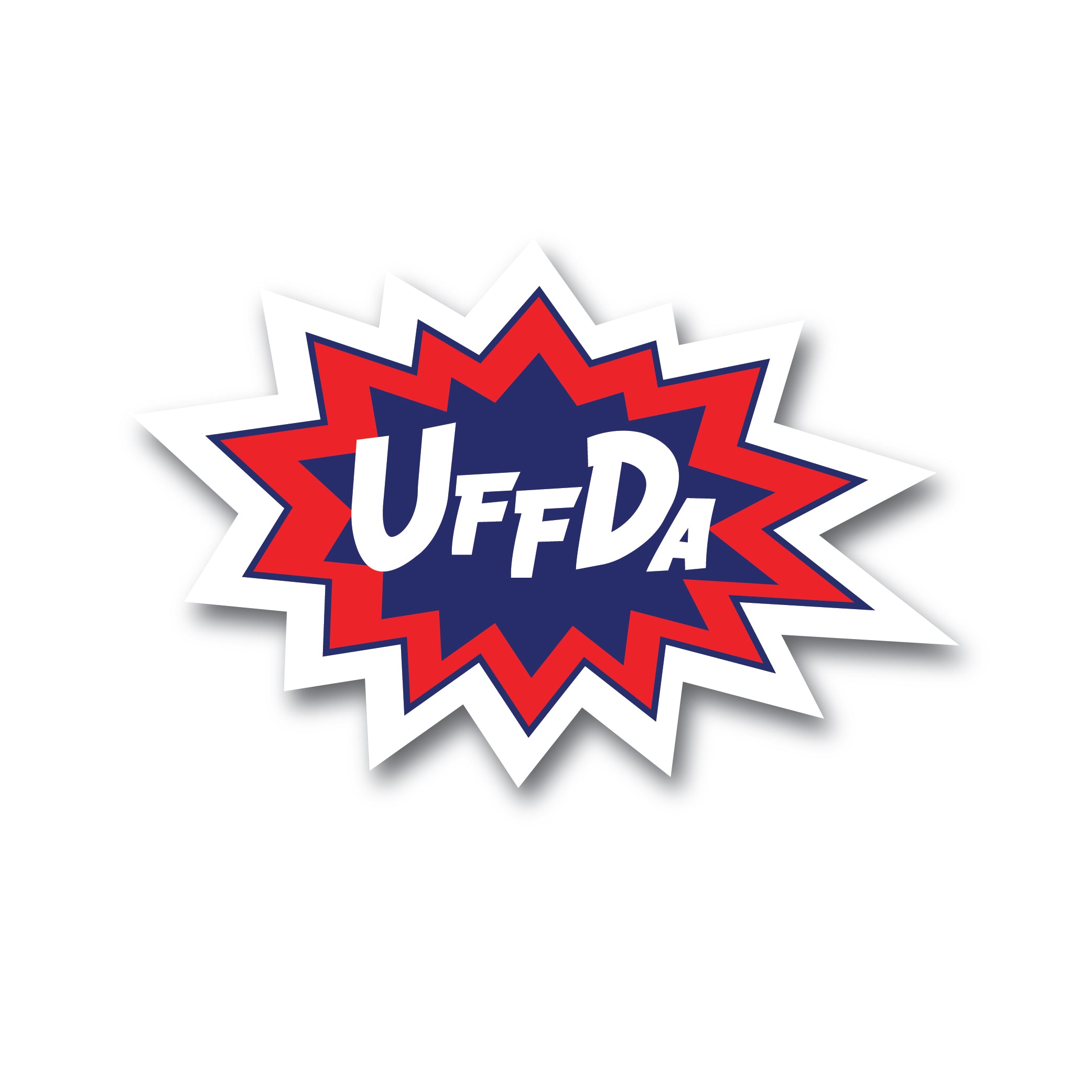 A sticker titled "Sticker: Uff Da Norwegian" features a design inspired by Norwegian aesthetics, displaying a starburst shape in blue and red with the word "UffDa" prominently shown in white letters.