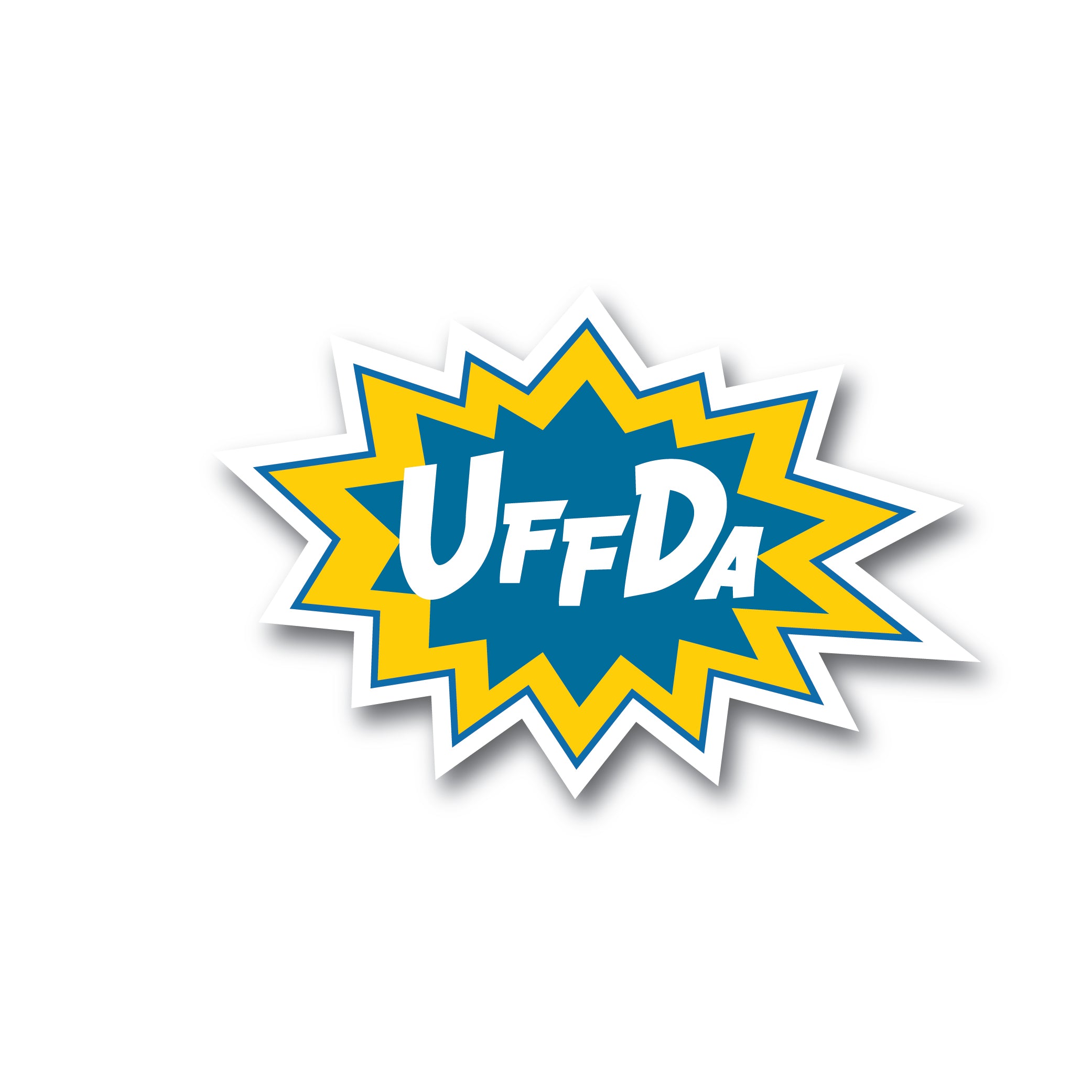 A blue and yellow starburst design showcasing bold white letters that spell "UffDa," bringing to mind a delightful Swedish-inspired sticker.