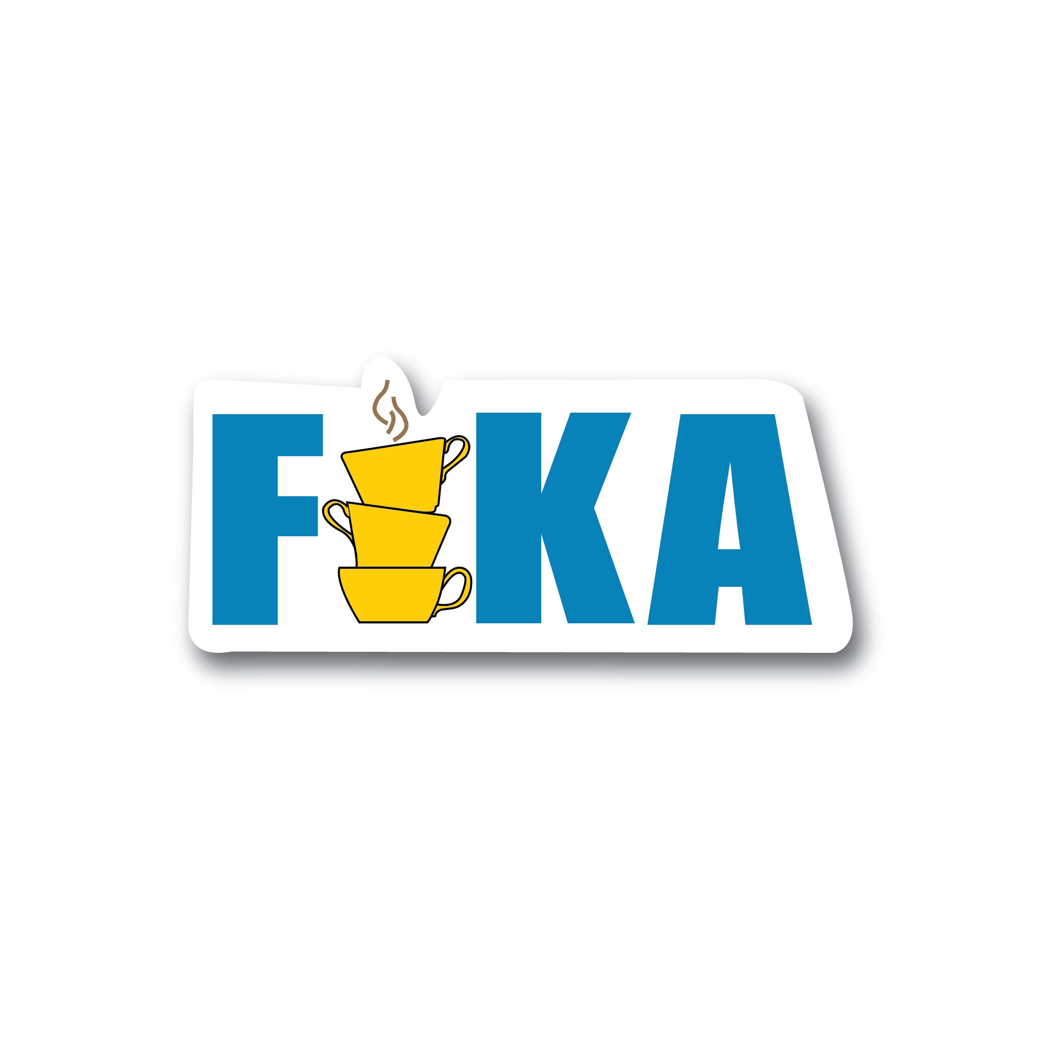 The Sticker: Fika- Sticker showcases the word "FIKA" in blue, with a creative touch where two yellow cups are stacked to replace the "I," set against a clean white background. Measuring 3.3 inches, it makes a great addition to your collection.