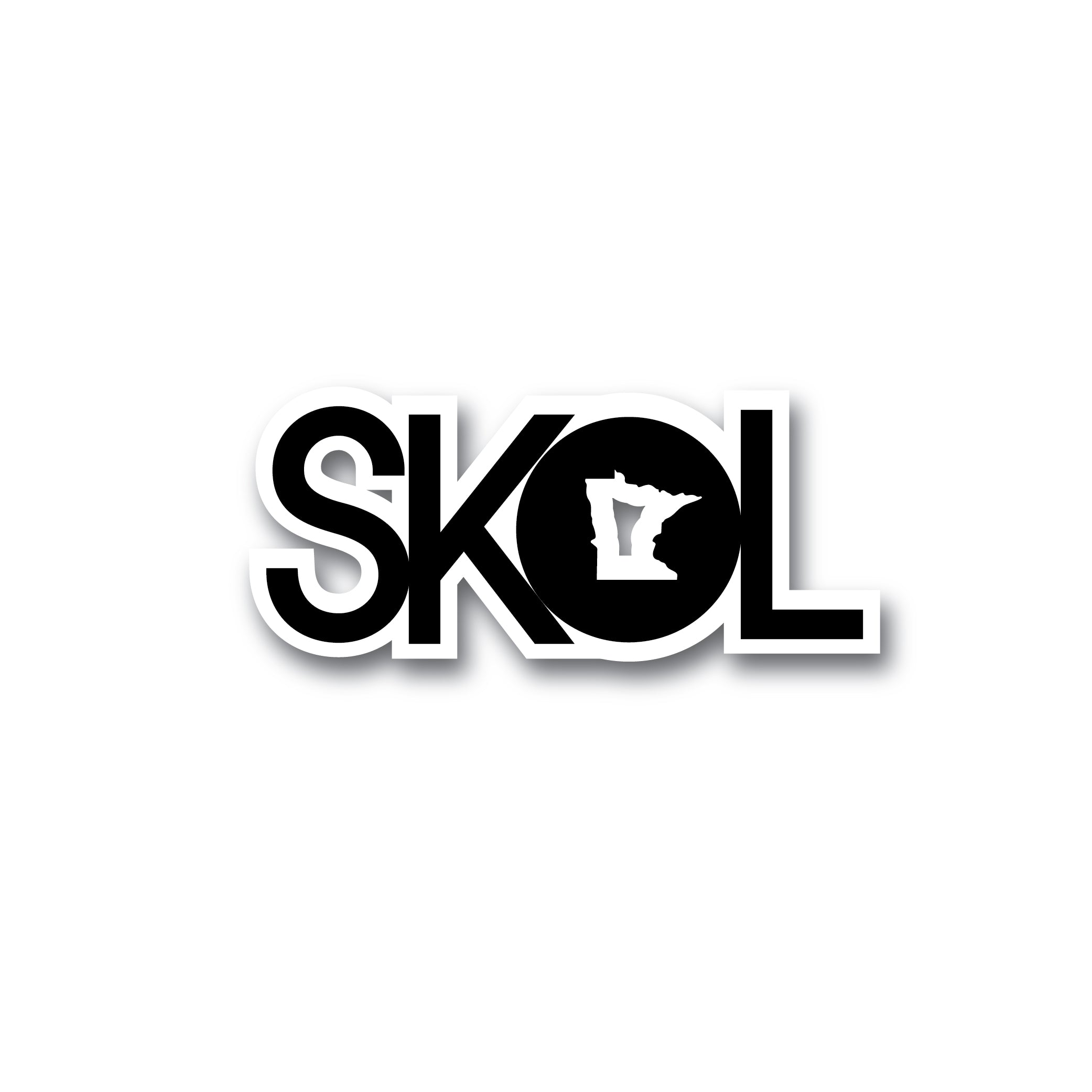 The image showcases the Sticker: SKOL, featuring bold black letters with the silhouette of Minnesota state artfully incorporated within the letter O.