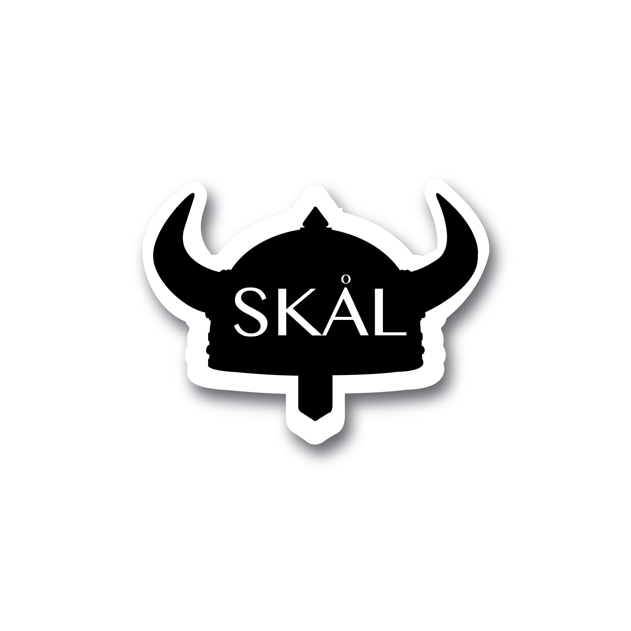 Sticker depicting a black Viking helmet with the bold white text "SKÅL," ideal for displaying your Viking spirit.