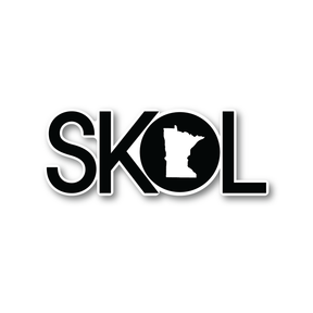 The Nordic Sticker: SKOL – Minnesota Pride features the word SKOL with Minnesotas map as a silhouette for the O, showcasing Viking Spirit and state pride on a white background. Its glossy, UV & water-resistant, and dishwasher safe. Buy 3 Get 1 Free offer available.
