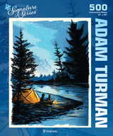 Illustration of two people by a campfire near a tent and lake at dusk, with pines and a blue night sky; PuzzleTwist: S'mores Artist Adam Turman (500 Pieces)—ideal for fans of unique art and premium quality puzzles.