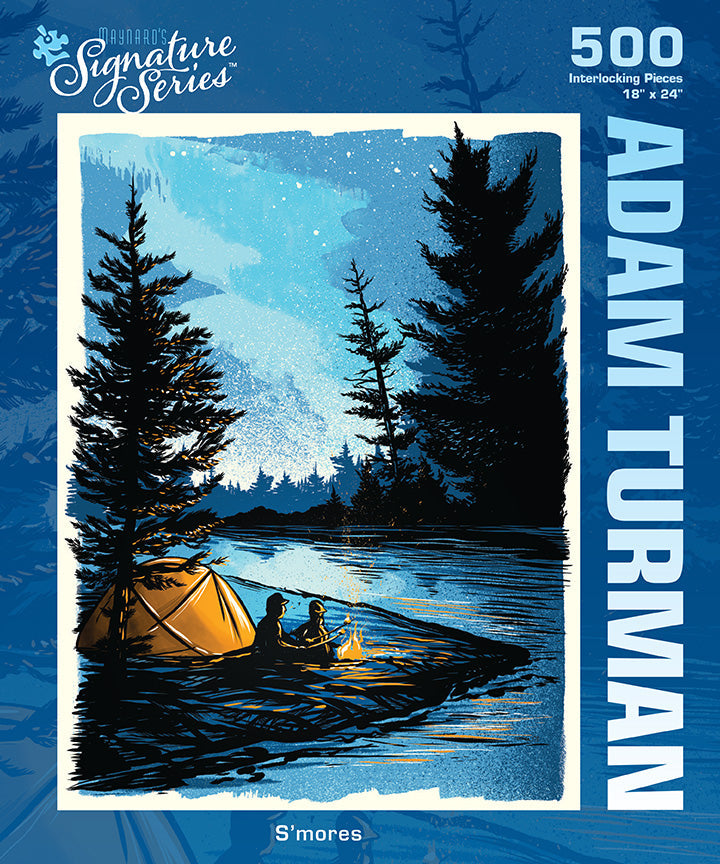 Illustration of two people by a campfire near a tent and lake at dusk, with pines and a blue night sky; PuzzleTwist: S'mores Artist Adam Turman (500 Pieces)—ideal for fans of unique art and premium quality puzzles.