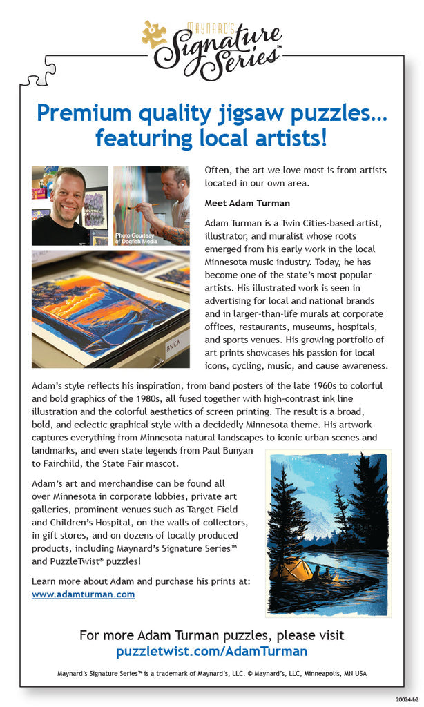 Promotional flyer for PuzzleTwist: S'mores Artist Adam Turman (500 Pieces). Explore Adam Turman's art with this premium-quality puzzle featuring his unique S'mores design. Discover more about the artist and his creative style in this fun collection.