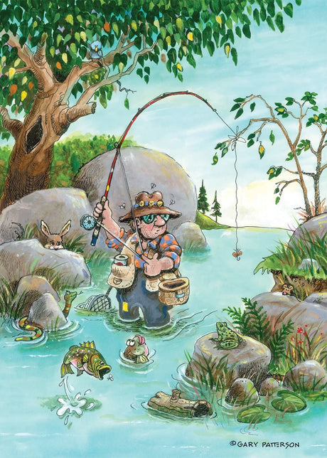 A 1000 piece jigsaw puzzle featuring a cartoon fisherman standing in a stream, reacting as a fish leaps from the water and tugs on his fishing rod.