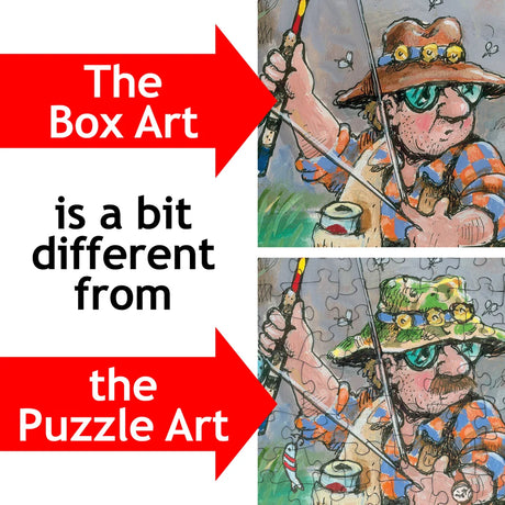 Side-by-side images show Gary Patterson puzzle box art and completed puzzle; his hat, shirt, and fishing pole are different in each illustration.