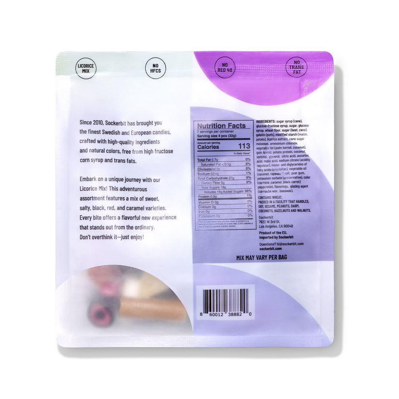 Back of a Licorice Mix Sockerbit Swedish Candy Bag (8oz, 7 servings) showing description, ingredients, nutrition facts, barcode, and icons for non-GMO, no HFCs, no Red 40, lactose-free & no trans fat—classic Swedish candy traits.