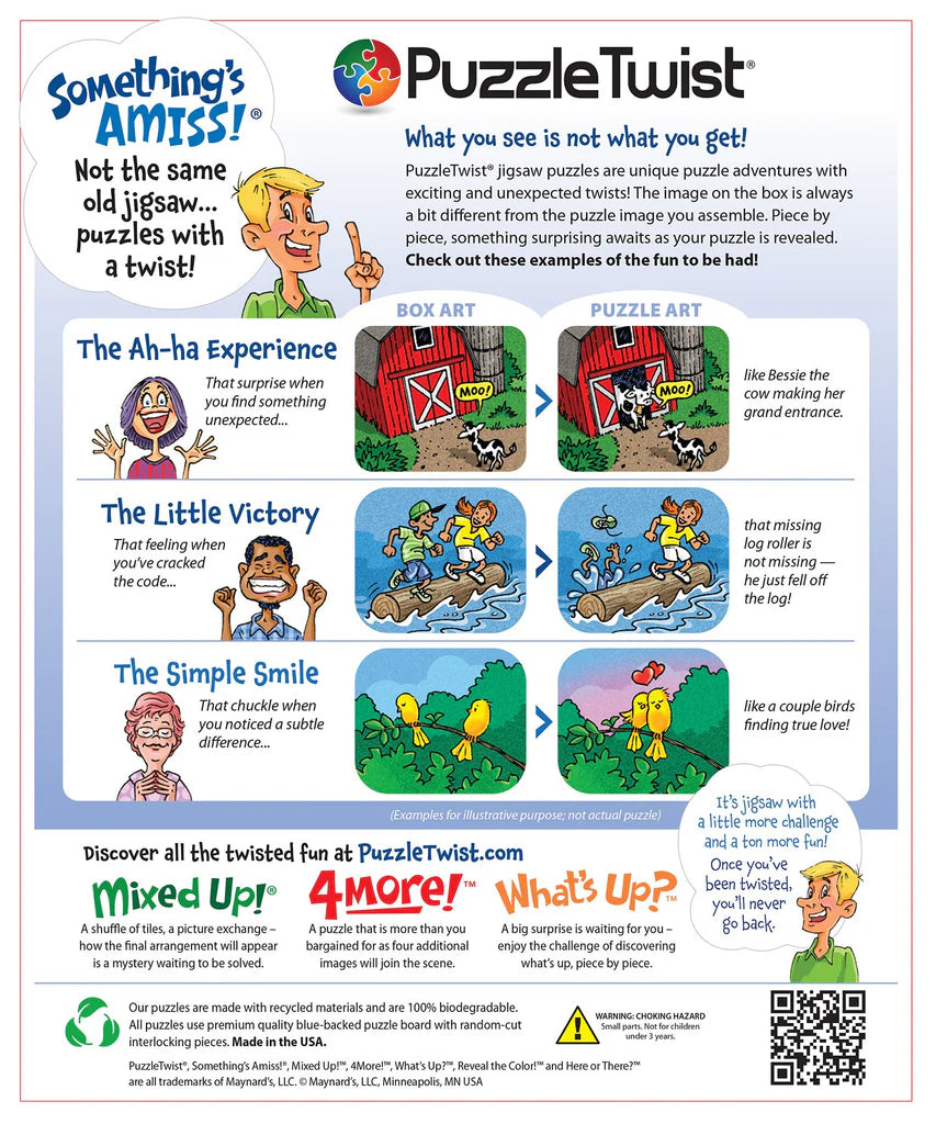 PuzzleTwist’s flyer highlights the Loons on the Lake 1000-piece jigsaw puzzle, featuring surprising twists. Cartoon characters and fun comparisons show why this Minnesota-themed PuzzleTwist puzzle is full of delightful surprises!.