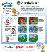 The PuzzleTwist flyer introduces a 500-piece puzzle titled Scandinavia Map by Mirka Hokkanen, featuring comic-style illustrations with unexpected twists and altered elements, adding fun and challenge.