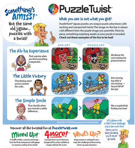 The PuzzleTwist flyer introduces a 500-piece puzzle titled Scandinavia Map by Mirka Hokkanen, featuring comic-style illustrations with unexpected twists and altered elements, adding fun and challenge.