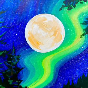 The "Sparkle" artwork by Adam Turman vividly portrays a starry night sky featuring a glowing full moon and green aurora borealis, framed by silhouettes of trees, printed using archival pigment inks for long-lasting beauty.