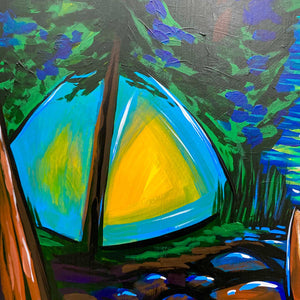 Artwork: "Sparkle" by Adam Turman is a vibrant depiction of a teal and yellow tent under trees near a stream, surrounded by lush greenery and rocks. This colorful painting is reproduced on fine art paper prints using archival pigment inks for enhanced vibrancy.