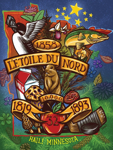 Jigsaw puzzle featuring a colorful Minnesota-themed illustration by Adam Turman with state outline, animals, milk carton, stars, L’Étoile du Nord, and dates 1819, 1858, 1893.