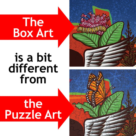 Minnesota jigsaw puzzle shown in two images: box art on top with flowers, completed puzzle on bottom with butterfly. Text states box art differs from Adam Turman’s artwork.