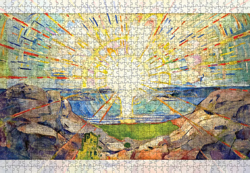 The completed jigsaw puzzle, named "Sun Edvard Munch," showcases a vivid sunrise over a rocky landscape with water, echoing the style of Edvard Munch. The sun's rays extend outward, capturing the magnificence seen in the mural painting, "The Sun.