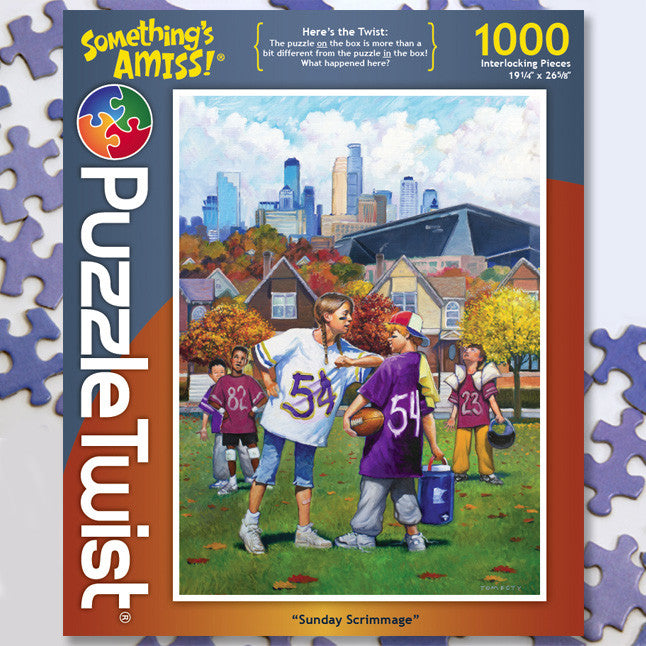 PuzzleTwists Sunday Scrimmage, designed by Tom Foty, features 1,000 pieces of kids in football jerseys set against an urban skyline. Part of the fun Somethings Amiss! series.