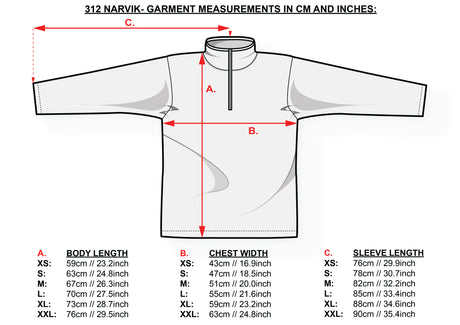 Technical diagram of the Voss Wool Cardigan in grey by Norlender (Norway), with red arrows marking body length, chest width, sleeve length; includes a size chart with measurements in cm and inches.