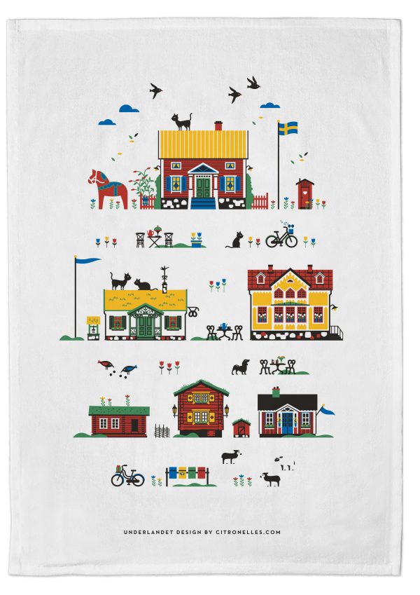 A charming cotton linen tea towel features vibrant Swedish houses, delightful animals, and bicycles with Swedish flag motifs.