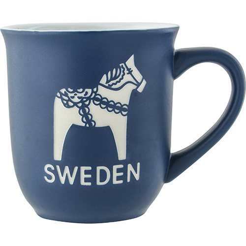 Navy blue ceramic mug featuring a white Dala horse and Sweden inscription.