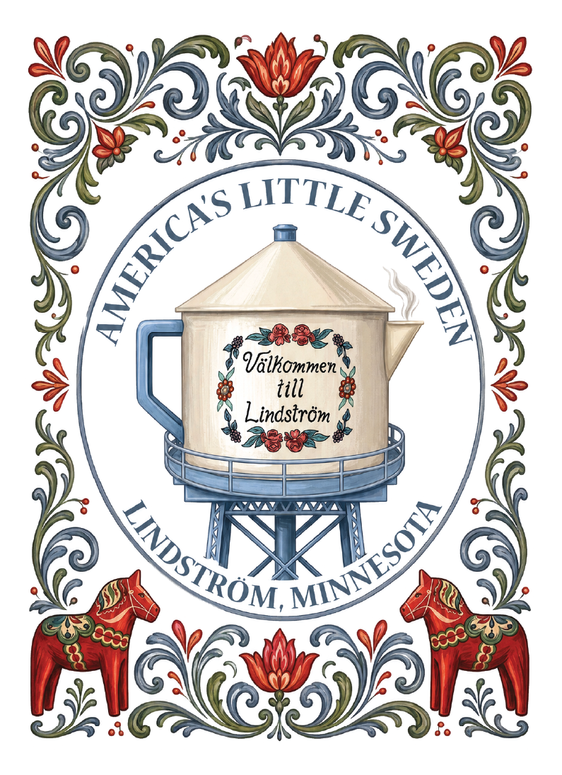 Coffee pot water tower illustration with Scandinavian floral accents, text reading “Välkommen till Lindström” and labels “Americas Little Sweden” and “Lindström, Minnesota.”.