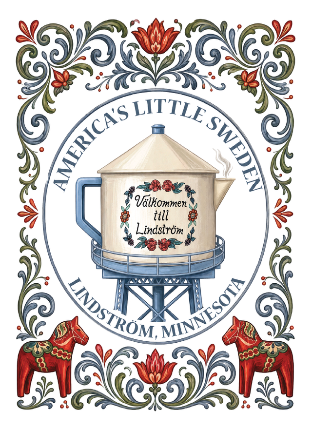 Coffee pot water tower illustration with Scandinavian floral accents, text reading “Välkommen till Lindström” and labels “Americas Little Sweden” and “Lindström, Minnesota.”.
