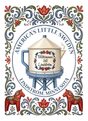 Coffee pot water tower illustration with Scandinavian floral accents, text reading “Välkommen till Lindström” and labels “Americas Little Sweden” and “Lindström, Minnesota.”.