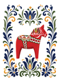 Red Swedish Dala horse with floral patterns, surrounded by blue, green, and gold Scandinavian folk art designs.